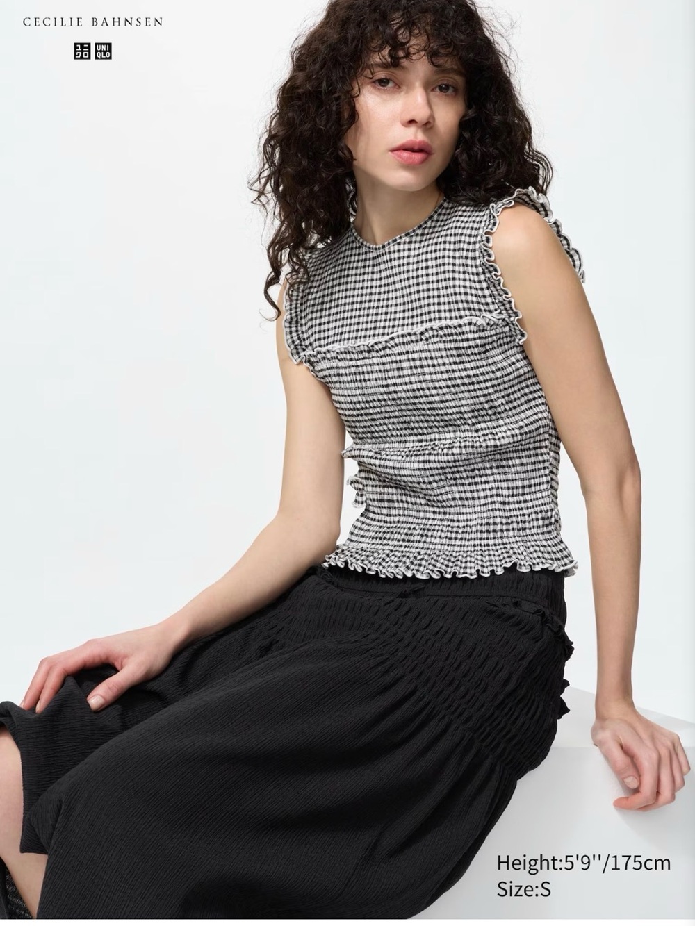 Cecilie Bahnsen x Uniqlo Black & White Gingham Ruffle Sleeveless Top
